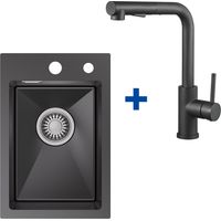CECIPA MAX Edelstahl Küchenspüle 30 x 45 cm Kleine Küchenspüle + Ausziehbare Hochdruck Küchenarmatur mit 2 Strahlarten, Anthrazit Aufsatzspüle-Set