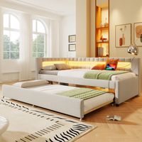 Sofá cama de lino beige 90x200 cm con cama extraíble, LED, USB y Type-C