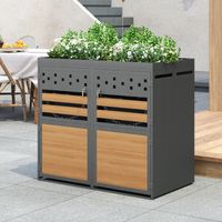 Abri cache-poubelle double 2x240 L - acier inoxydable - portes aspect bois verrouillables - jardinière intégrée - gris