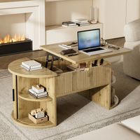 Mesa de centro elevable ovalada de 100x50 cm para salón, almacenaje con puertas correderas y estantes abiertos, MDF roble