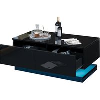 Couchtisch mit 2 Schubladen und App-gesteuerter LED, Hochglanz Schwarz, aus Spanplatte, 90×50×38 cm