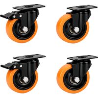 Relaxdays Swivel Castors, Set of 4, 50 mm, 400 kg, with Brakes, Steel/Plastic, Heavy Duty, Black/Orange