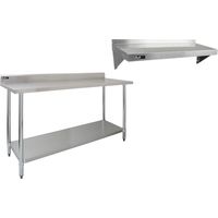 Ripiano con 2 Mensole a Muro per Tavolo in Acciaio Inox da Cucina Ristorante, Acciaio Inossidabile Resistente alla Corrosione per Albergo Bar Hotel Catering Pub Tavolo 180cm Mensole da 125cm