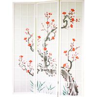 Pegane – Paravent en bois verni blanc – 3 panneaux avec fleurs de cerisier – Charnières double sens – Panneaux quadrillés et papier de riz