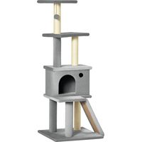 Albero Tiragraffi Multilivello con Casetta, Scala, Pallina e Pali in Sisal, 48x48x125 cm, Grigio