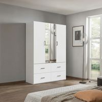 FOERPL-Armoire blanche avec Miroir, Armoire Chambre Adulte avec 4 Tiroirs, Armoires Multifonctionnelle avec Tringle à Vêtements Meuble de Rangement Vêtements