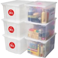Iris Ohyama – Boîtes de rangement 30L – Lot de 6 – Transparent – Couvercles hermétiques – Poignée ergonomique pour transport facile