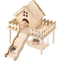 Hamster Wooden House with Platform,Ramp & Swing - Natural Wood Play Set forSyrian Dwarf Hamsters, Gerbils, Mice,Small Animals Cage Accessories-Crezuo