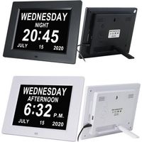 Horloge numérique senior 7 pouces noir, affichage date jour heure HD, télécommande silencieuse