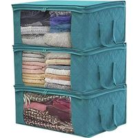 (3-teilig, blau) Faltbarer Aufbewahrungsbeutel für Kleidung, 49 x 36 x 21 cm, Aufbewahrungsbeutel für unter das Bett, dickes, wasserdichtes Vliesmaterial, geeignet für Bettdecken, Decken, Kissen und K
