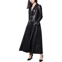 Manteau long en simili cuir rouge et noir avec ourlet à jupe double boutonnage pour femme