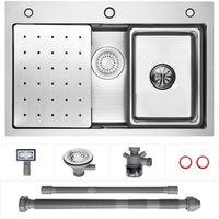 CECIPA MAX Fregadero de acero inoxidable de 70x45 cm, fregadero de cocina de un solo seno con doble escalón + cesta de descongelación y colador, fregadero empotrable artesanal, plata