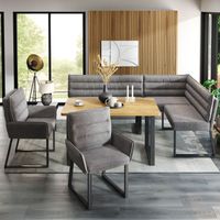 Ensemble d'angle cuisine et salle à manger : banc + 2 chaises + table, tissu chenille gris, bois naturel, design compact et moderne
