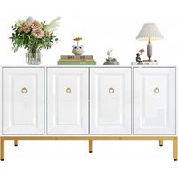 Buffet Blanc Brillant 140cm avec Pieds Dorés, Meuble Rangement Design Étagères Ajustables