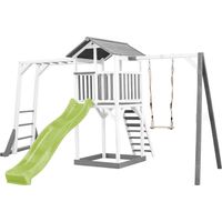 Axi Beach Tower Aire De Jeux Avec Toboggan En Vert Clair, Cadre D'Escalade, Balançoire & Bac À Sable Grande Maison Enfant Extérieur En Gris & Blanc Cabane De Jeu En Bois Fsc