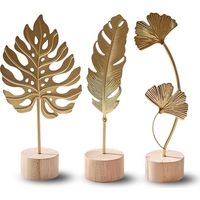 Set De 3 Sculpture, Métal Doré, Base Bois, Feuille Ginkgo Monstera Plume, Décoration Salon Bureau