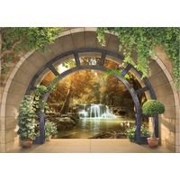 Papier peint panoramique fenêtre avec cascade 3D verte, décoration murale pour salon ou chambre à coucher – 350 x 250 cm Wallarena