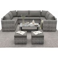 FurnitureR Rattan Outdoor Furniture Set, 7 Seater Garden Corner Sofa Set with Coffee Table & 2 Stools, Grey Patio Conversation Set with Cushions for Garden Balcony Conservatory