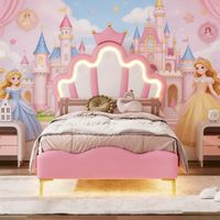 Lit enfant 90 x 200 cm, lit simple capitonné avec éclairage LED, tête de lit couronne, lit princesse avec sommier, structure de lit pour fille ,Rose