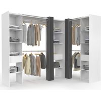 Idmarket – Dressing extensible d'angle blanc 230 x 140 x 180 cm – 4 barres de penderie – 12 étagères réglables – 3 tiroirs avec rideaux gris