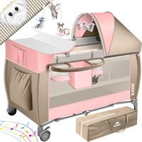 KIDIZ® lettino per bambini 3 in 1 set combinato lettino per bambini con fasciatoio zanzariera box per bambini dalla nascita fino a 15 kg pareti laterali ariose con ingresso laterale rosa / beige