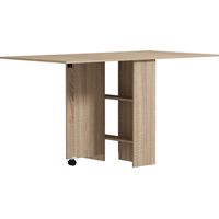Mesa plegable madera 2 abatibles 2 estantes ruedas cocina comedor 75x140x74 cm
