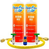 Confezione da 2 bombole Ralerfresh RF, sostitutive del gas R12 e R134A, più tubo flessibile e chiave inglese