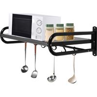 Wall Mounted Microwave Bracket Carbon Steel Microwave Shelf with 6pcs Hooks Oven Rack Stand Multi Use Kitchen Shelf Holder Walll Mounted Hanging in Kitchen, Study, Bathroom, Black