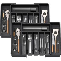 Expandable Utensil Tray for Drawer, Cutlery Organizer, Drawer Organizer for Kitchen, Storage Holder for Cutlery, Spoons, Forks, Etc, Black, 2