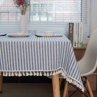 Rechteckige Tischdecke, gestreifte Tischdecke mit Quasten, Tischschutz, Tischrock aus Leinen, Küchentisch (Blau/Weiß gestreift, 140×250cm)