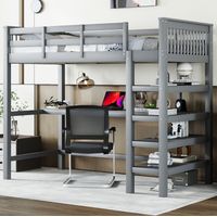 Cama alta de pino y MDF gris 90x200 cm con escritorio y estantes, somier incluido
