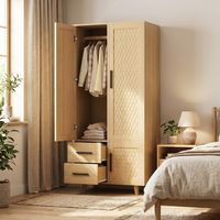 Armadio camera in rattan con asta appendiabiti, 3 ante, 2 cassetti, piedi in legno massello, colore quercia, 80x52x166 cm