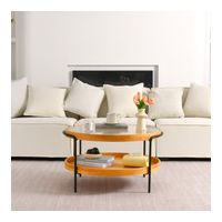 Table basse ronde à 2 niveaux en bois et verre, structure métallique, rangement pratique, ø76x45 cm pour salon