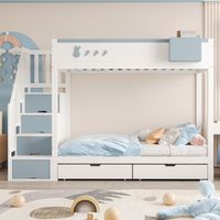 Lit superposé pour enfant, 90x200cm, motifs lapin, carotte, étagère de rangement amovible, échelle de rangement, tiroirs, sommier à lattes, lit double