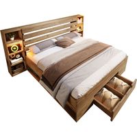 Bettkastenbett 160 x 200 cm aus Holz und Metall, Doppelbett mit 2 Schubladen, Verstellbarer LED, USB- und Typ-C-Anschlüssen, Mit Matratze, Eiche
