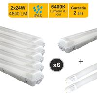Lot de 6 boitiers étanche traversant IP65 150cm + 2 tubes LED 2x24W 4800lm 6500K - garantie 2 ans