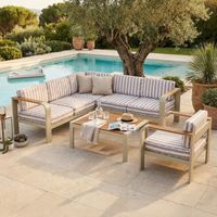 Salon 6 de jardin places en alu crème et bois, housse à rayures beiges
