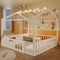 Lit enfant enfant Lit double 180x190 cm avec barrière, 90x190 cm x2 , style minimaliste, pin, LED intégrées, blanc