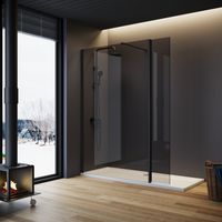 ELEGANT Grey Shower Door 760mm with Black Flipper Panel Walk in Glass Bathroom Shower Enclosure Include Support Bar + Shower Tray 1100x900mm + Free Waste Trap