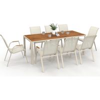 Idmarket – Ensemble table et chaises de jardin 8 places – Table 190 cm en verre trempé effet bois – Chaises empilables en textilène beige