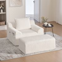 Fauteuil avec Pouf en Velours Côtelé, Assise Profonde avec Poches Latérales et Coussin Rembourré, Beige