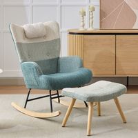 Fauteuil à bascule en bouclette, style patchwork rayé multicolore, pieds en bois d’hévéa, structure en fer pulvérisé, fauteuil de salon et de chambre avec repose-pieds