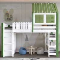 Hochbett Kinderbett Kiefernholz & MDF Weiß/Grün 90x200 cm mit Dach, Fenster, Kleiderschrank und Regalen