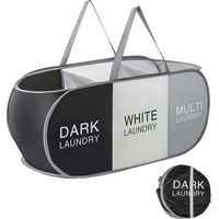 Ce panier à linge pliable à trois compartiments offre une grande capacité de 99 litres et est conçu pour ranger vêtements, jouets, produits de lessive, articles de salle de bain et articles de voyage