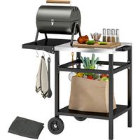 Carrello per Barbecue con Piano in Acciaio e Ripiano Richiudibile, Ruote e Ganci, 91x58x76 cm, Nero