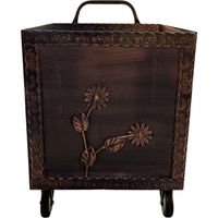 Porta Legna con Ruote, Porta Pellet, in Ferro Battuto, 52 x 50 x 84h cm, Motivo Floreale, Per Camino e Stufe Rame