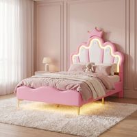 Lit enfant 90x190 cm, lit simple princesse avec LED, sommier à lattes, tête de lit réglable hauteur, PU - Rose