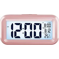 Réveil Numérique avec Grand Affichage LCD - Calendrier, Température, 12/24h, Veilleuse, Snooze - Compact, Silencieux, Portable - sur Piles - Rose