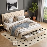 Cama doble 180 x 200 cm - Tejido de terciopelo - 2 cajones - Estructura de cama 180 x 200 cm - Beige