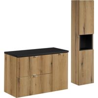 Set da bagno VANO effetto rovere e nero 120cm: mobile sottolavabo con cassetti e armadietti + piano per lavabo + colonna